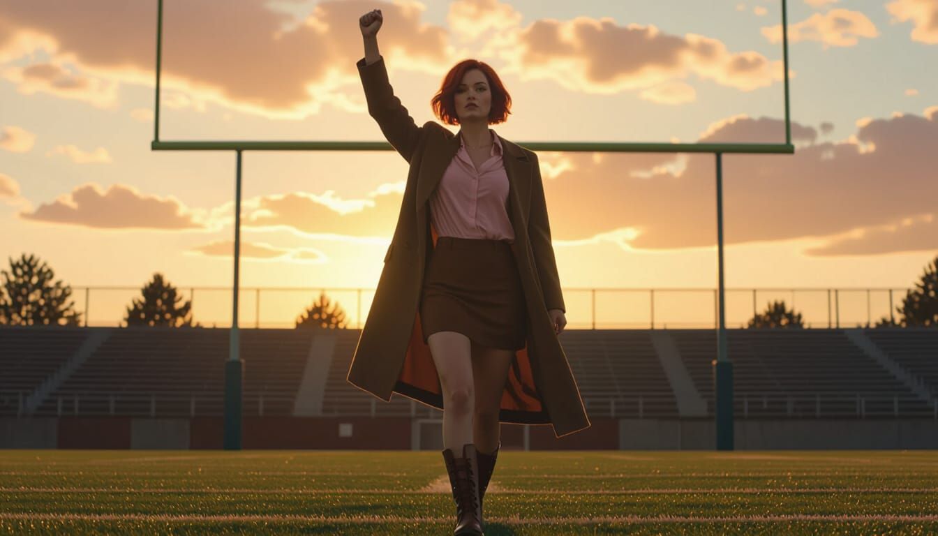 Woman on Football Field in Dramatic Sunset