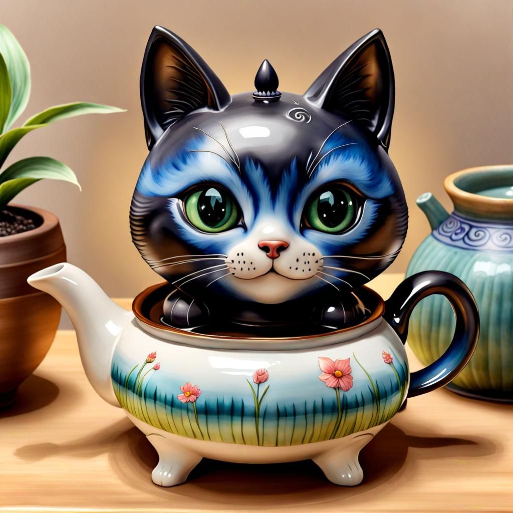 Mischievous Cat Teapot in Watercolor Painting Style
