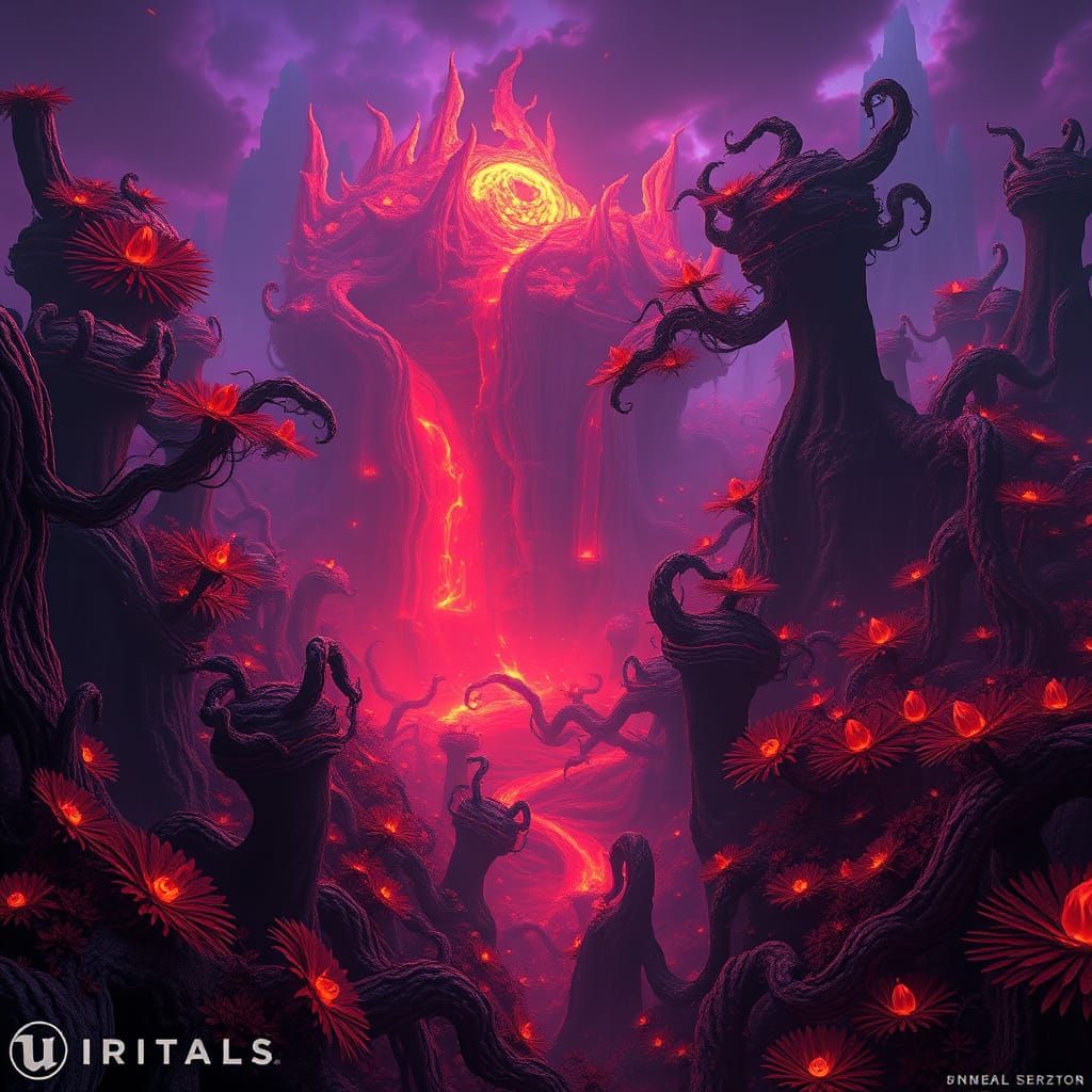 Dark Fantasy Landscape of Twisted Flora in Vibrant Hues