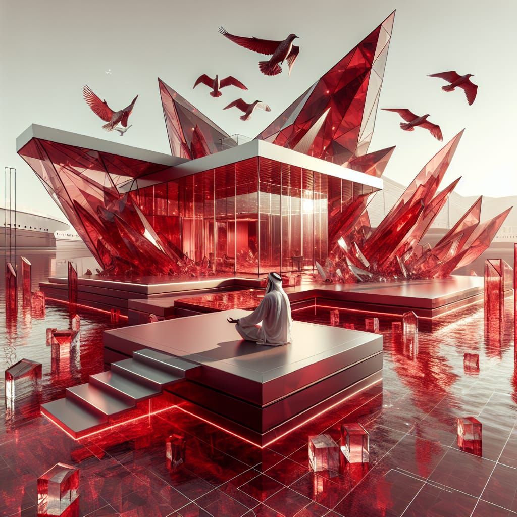 Futuristic Crystal House in Monochromatic Red Landscape