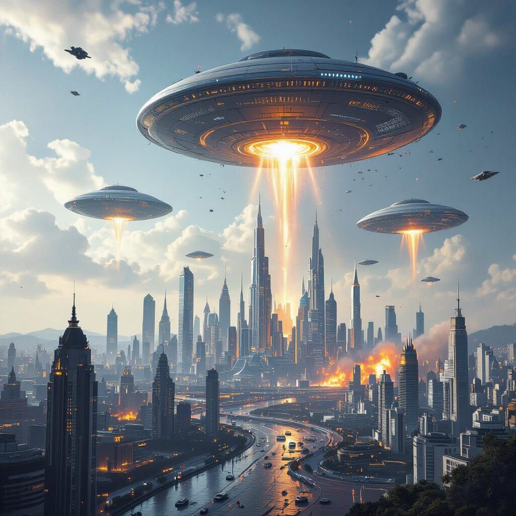 Futuristic City Under Alien Attack: Photorealistic