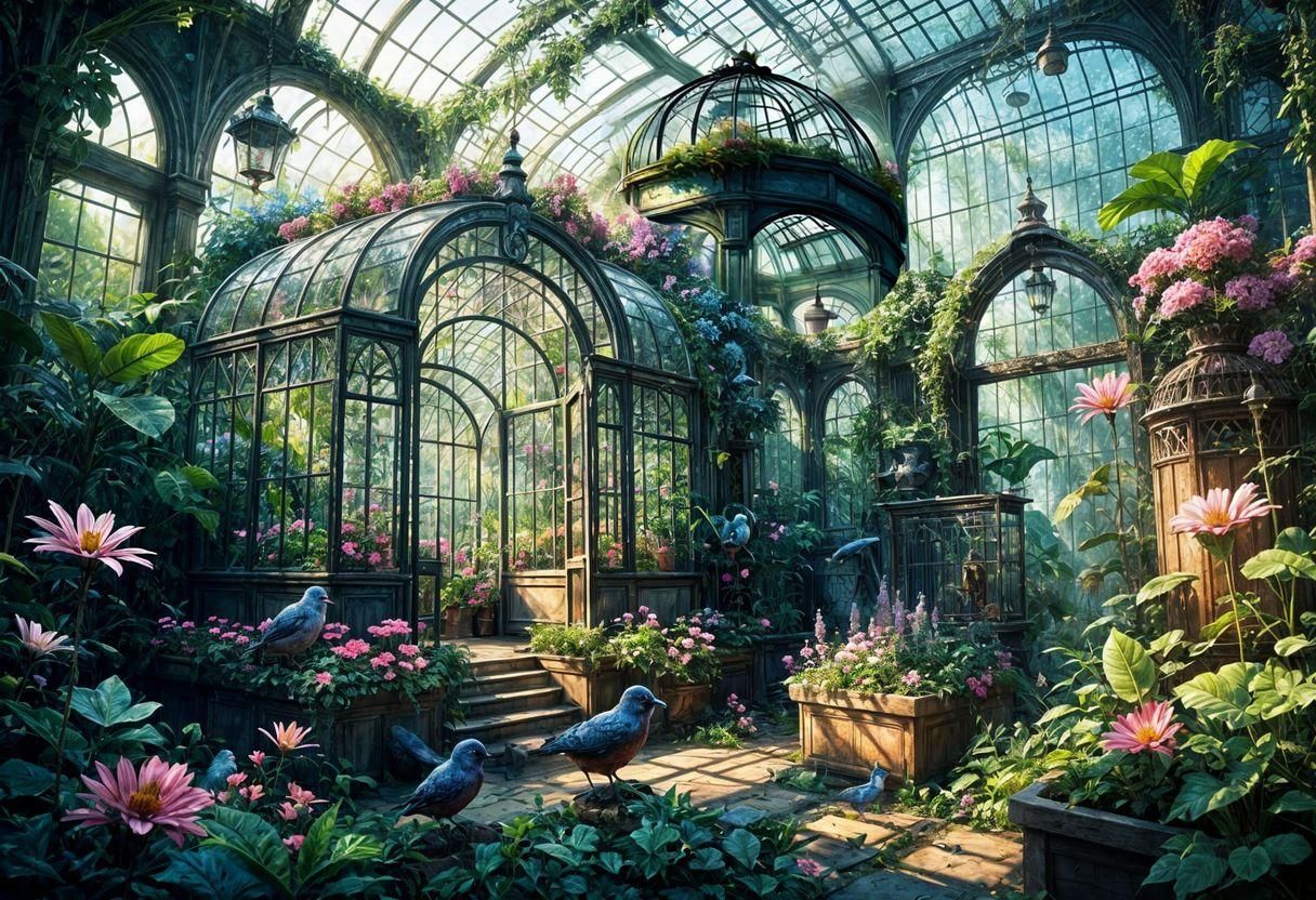 Magical Birdcage in Lush Fantasy Greenhouse
