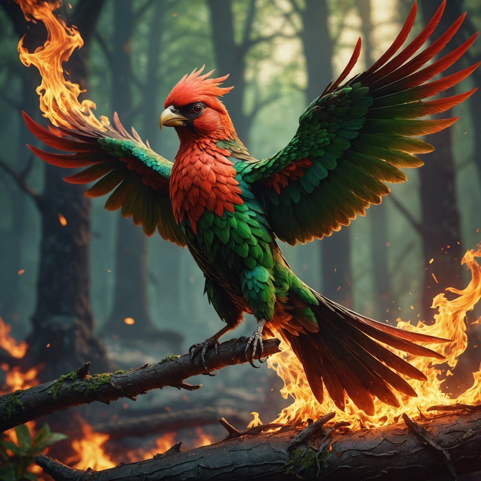 Fiery Red and Green Bird: Fantasy Concept Art