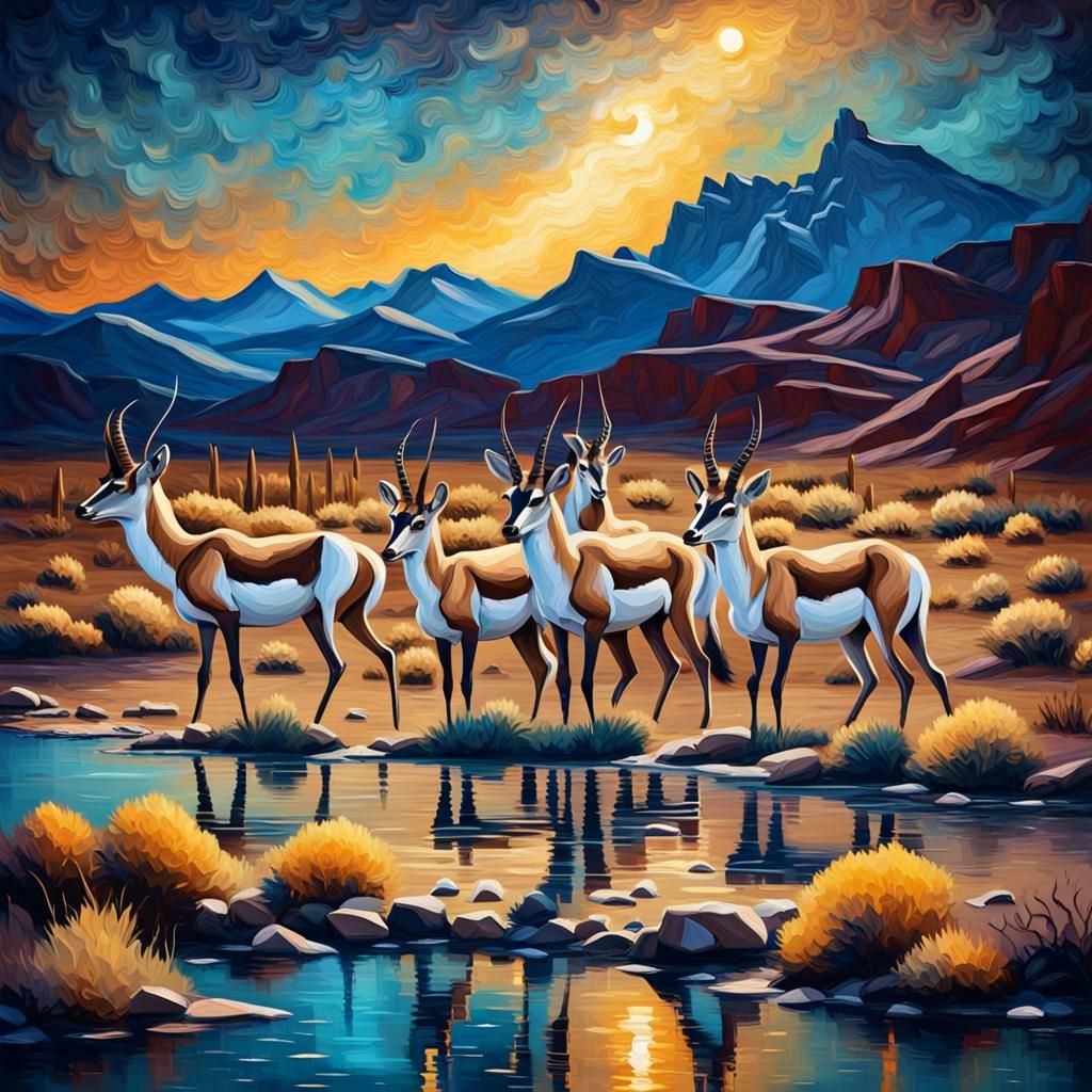 Antelopes Under the Stars: Impasto Oil Painting