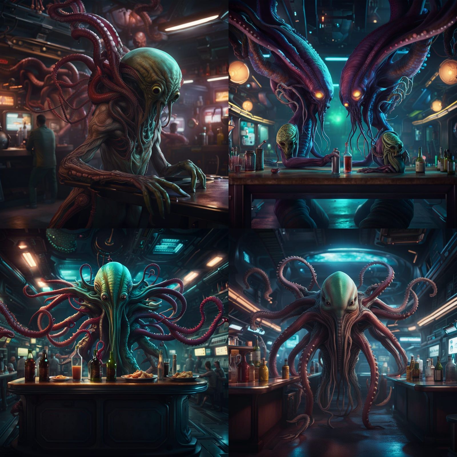 Two-Headed Alien in Space Station Bar: Detailed Matte Painti...