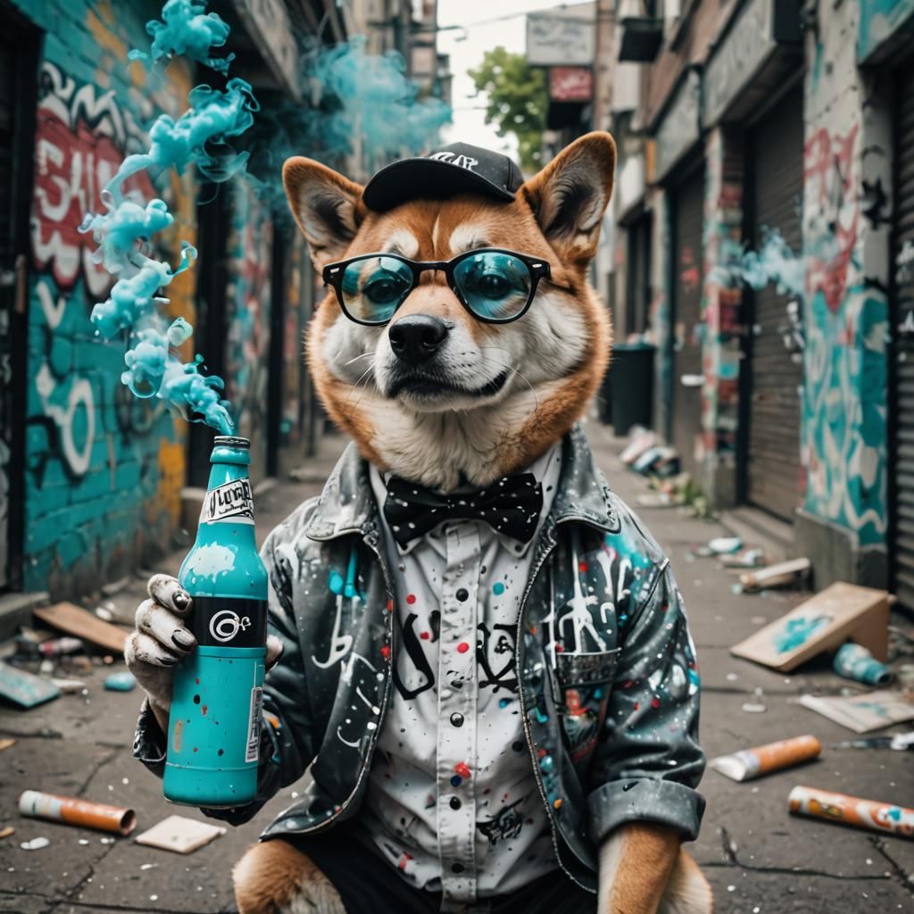 Dog in Graffiti Street Art With Smoke and Bokeh