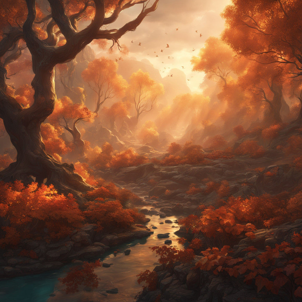 Warm Fantasy Landscape with Falling Leaves and Vibrant Light