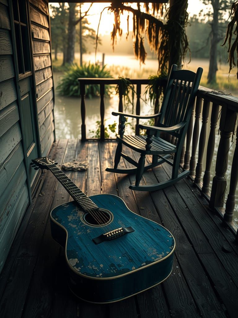 Dusty Blue Guitar on Abandoned Porch at Dusk