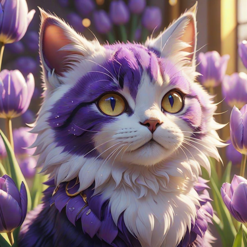 Purple Tulip Cat in 3D Anime Style