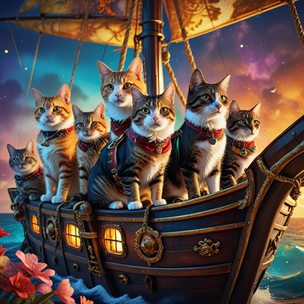 Pirate Cats and Dogs on Ship in Alcohol Ink Style