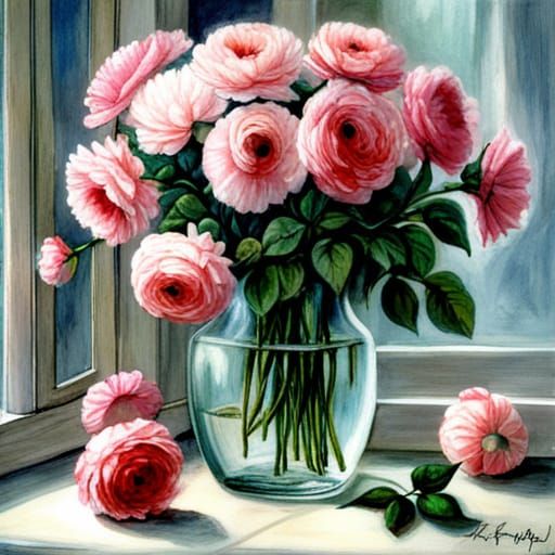 Roses in Vases by an Old-Fashioned Window