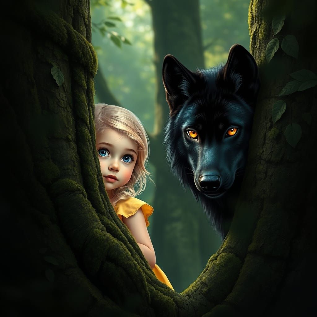 Girl and Wolf in Photorealistic Forest Scene