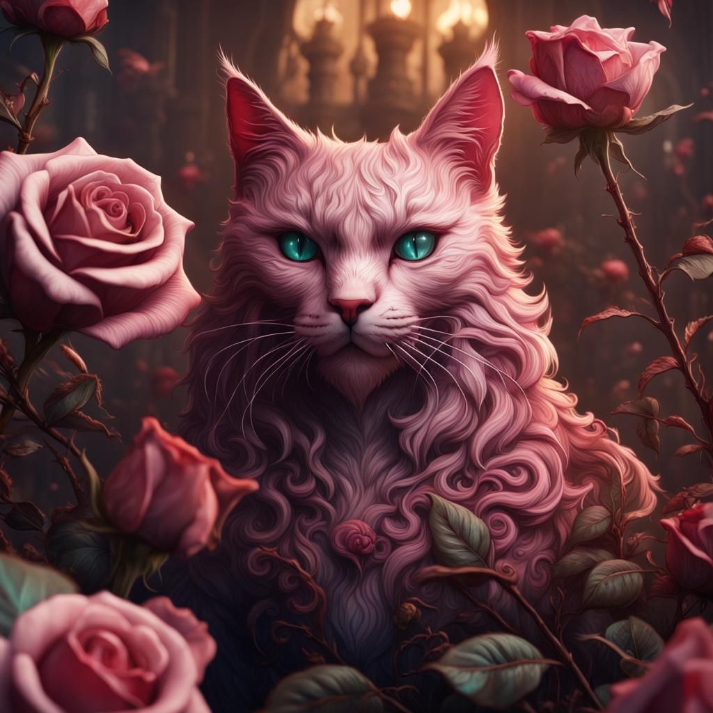 Fantastical Rose Cat Concept Art in Deep Color