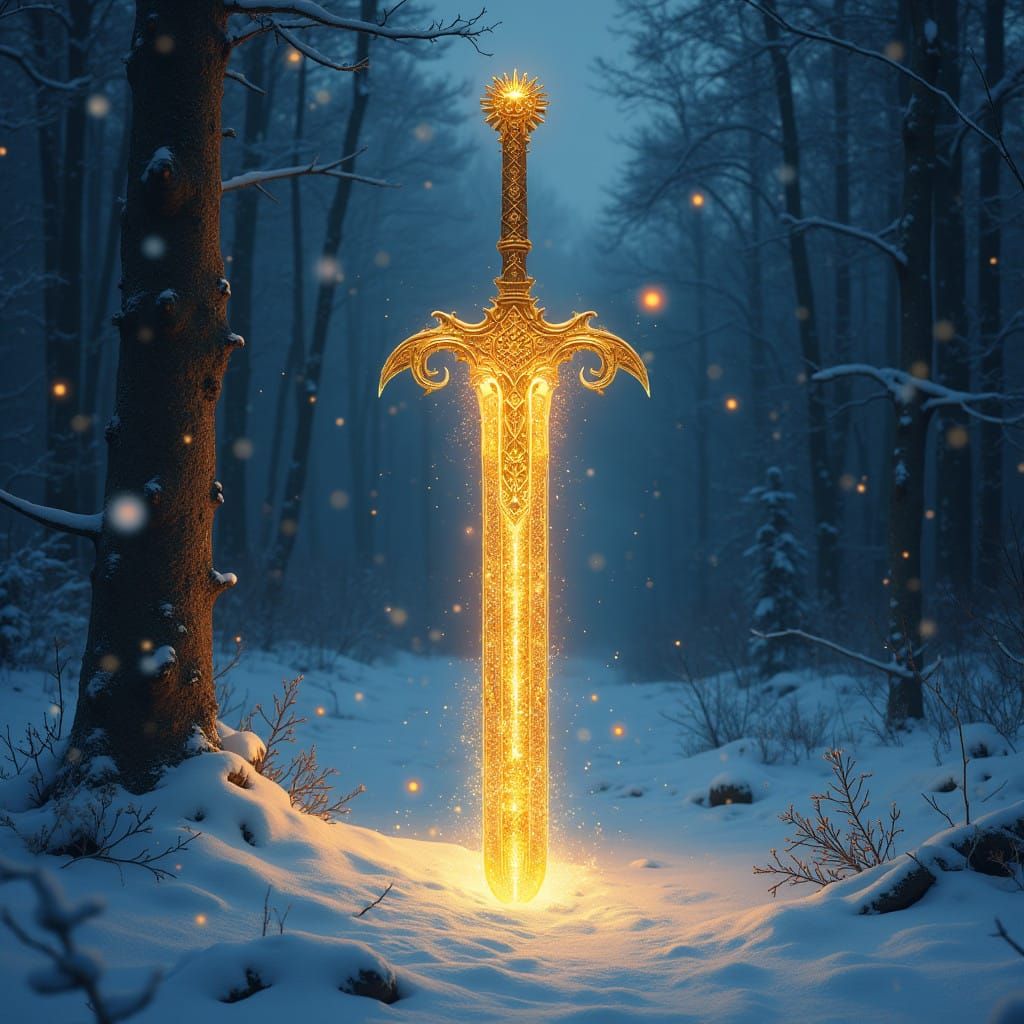 Golden Sword Illuminates Snowy Forest in Ethereal Night Scen...