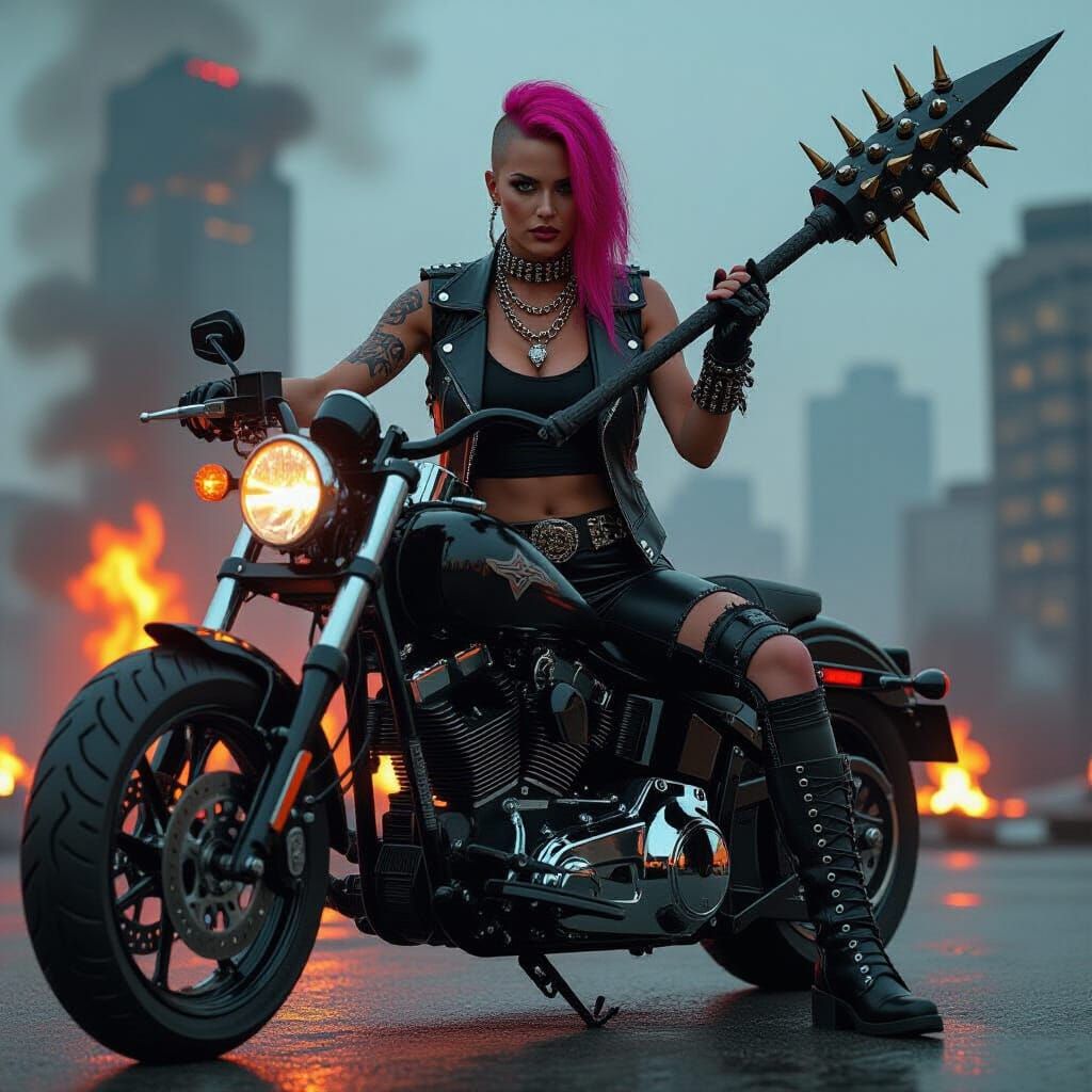Dystopian Biker Warlord on Burning Cityscape