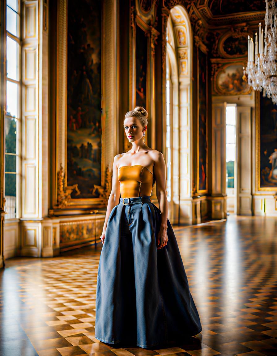Woman in Denim Skirt in Royal Palace Ballroom