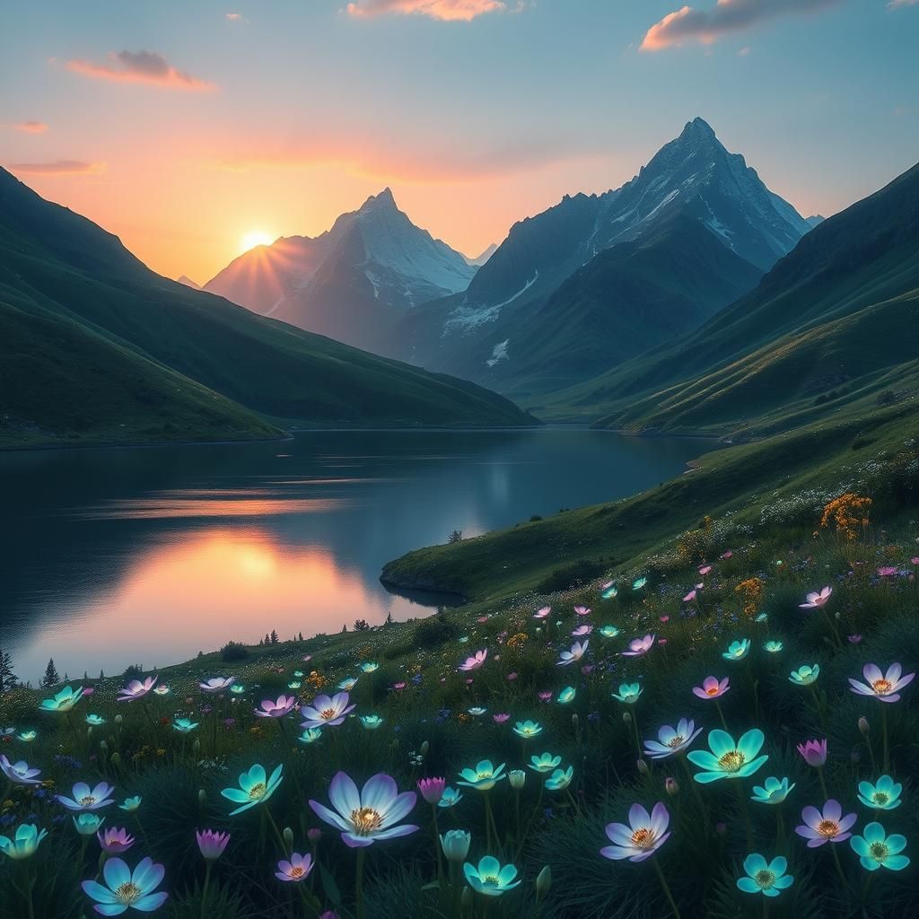 Utopian Valley with Bioluminescent Flowers in Whimsical Styl...
