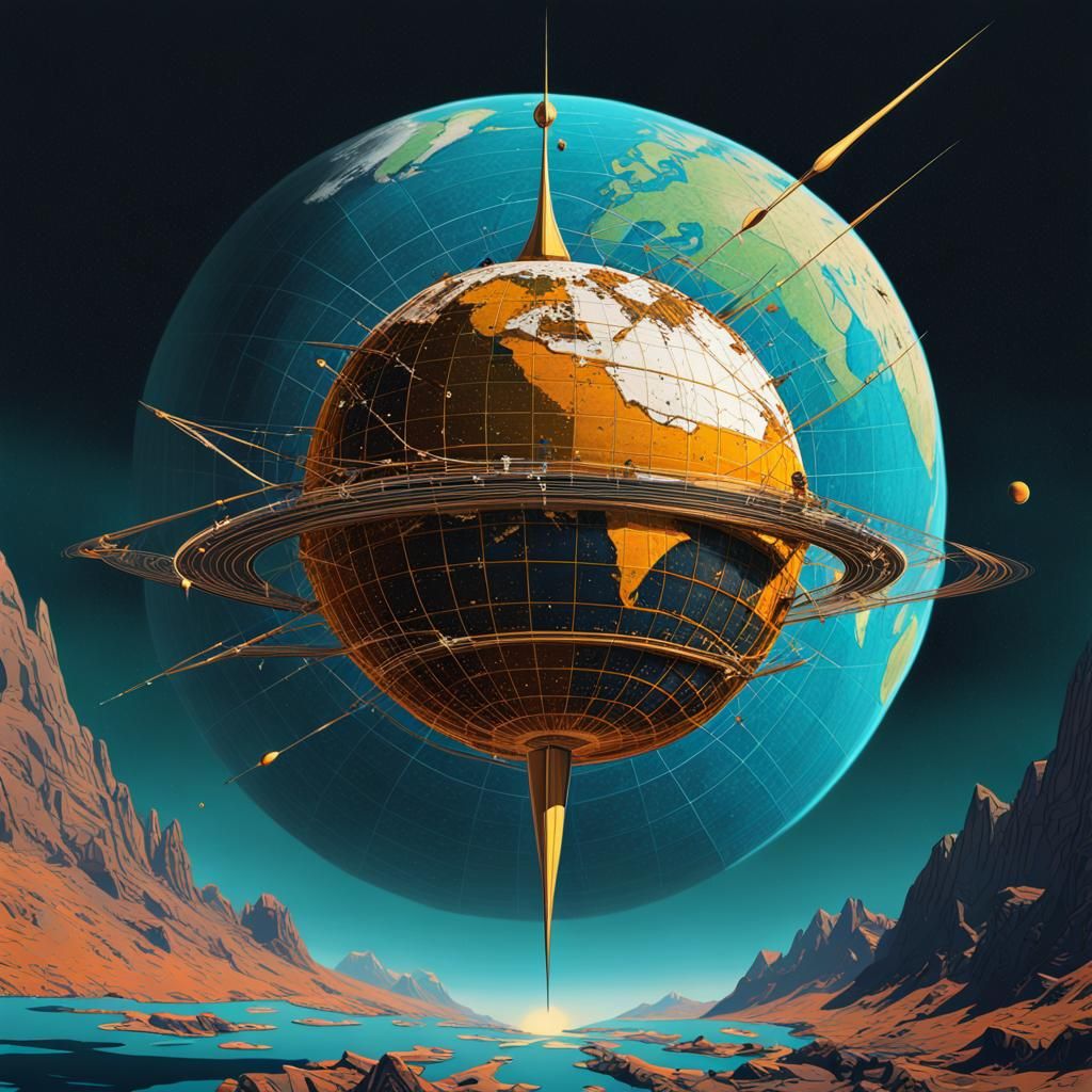 Sputnik Orbiting Earth in Geometric Pop Art Style