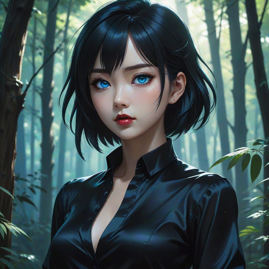 Gothic Anime Woman in Dark Forest, Cel-Shaded Art