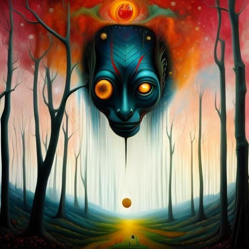 Surreal Alien Tiger in Forest, Dali-esque Oil Painting