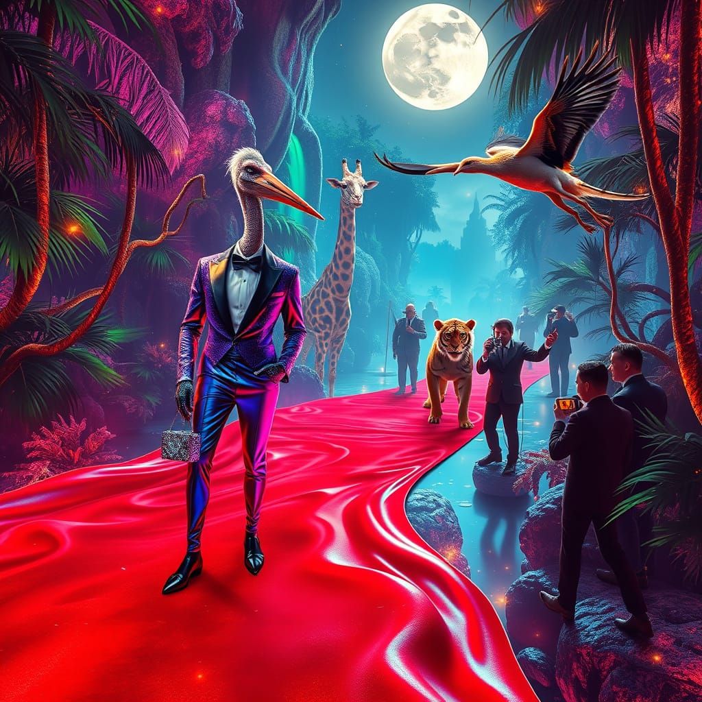 Surreal Red Carpet Gala Unfolds in Celestial Jungle