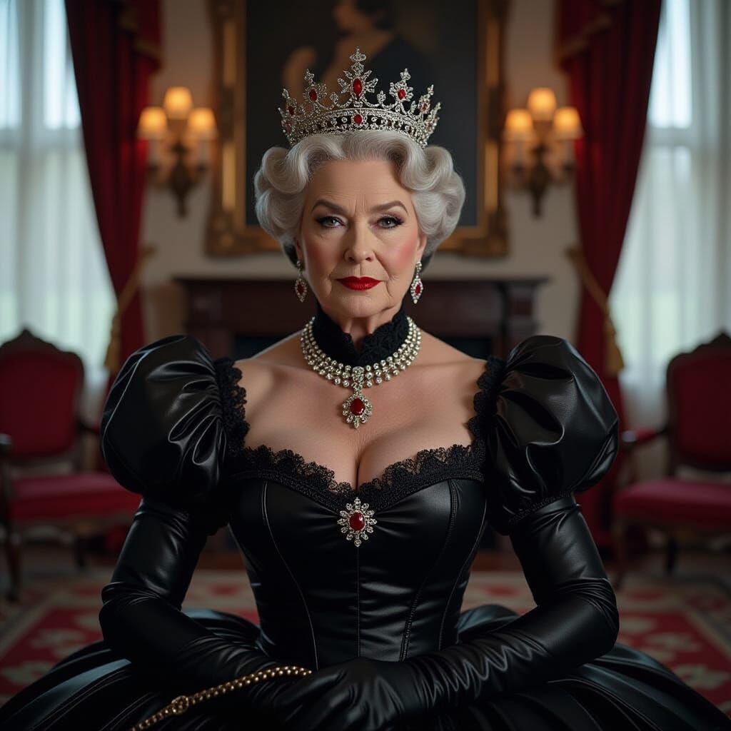 Empress as Queen Victoria in Black Leather Bustle Dress