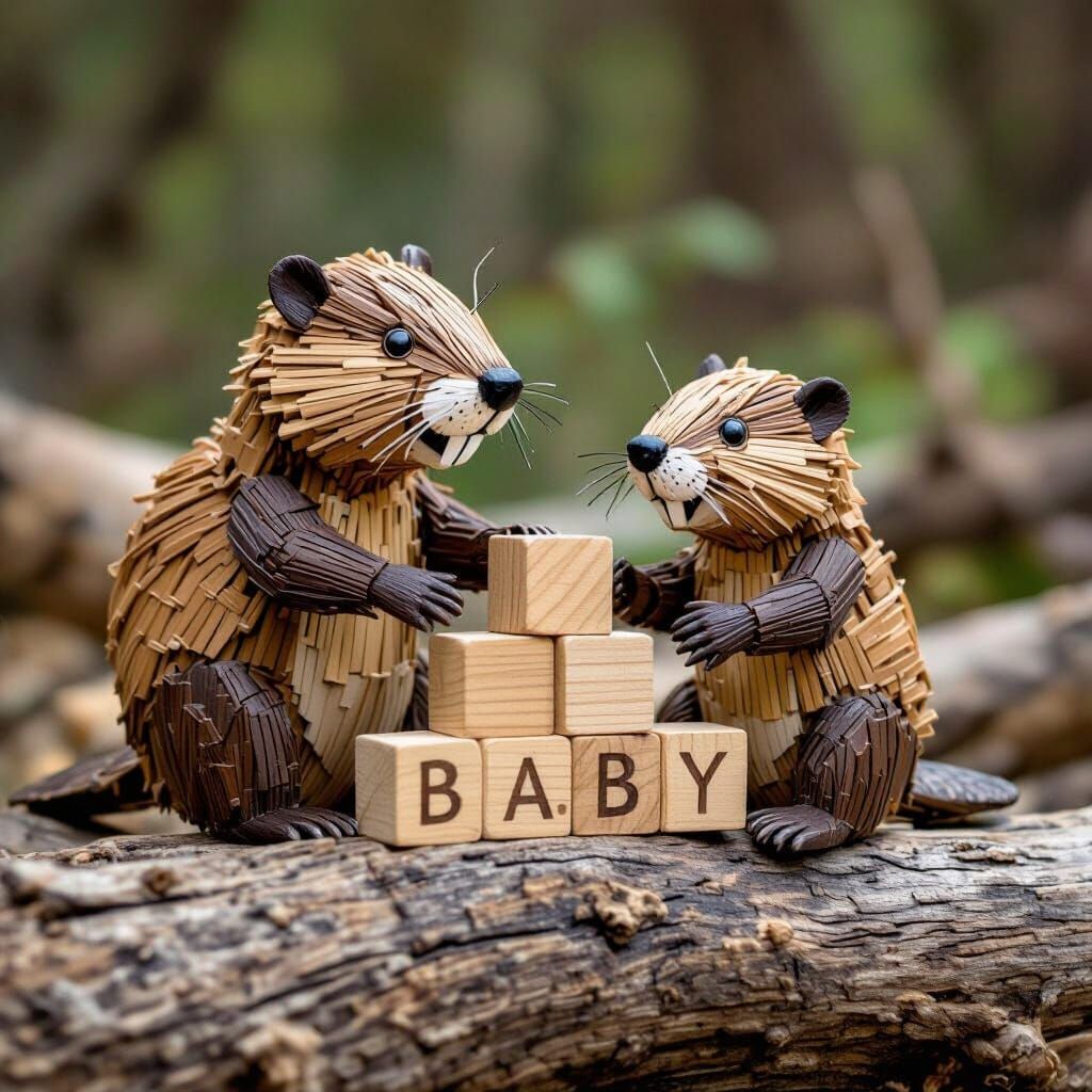 Mother and Baby Beaver Made of Sticks