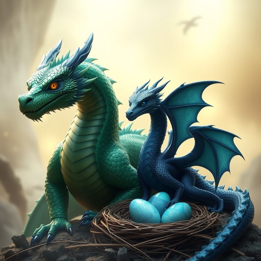 Majestic Dragons Guarding Vibrant Egg Nest in Atmospheric Sc...