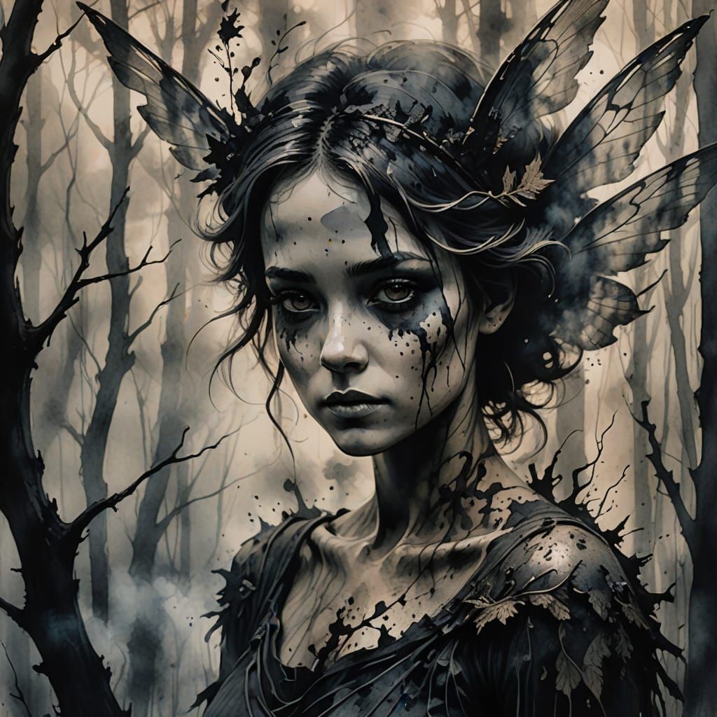 Ash Fairy in Charred Forest, Ink Painting