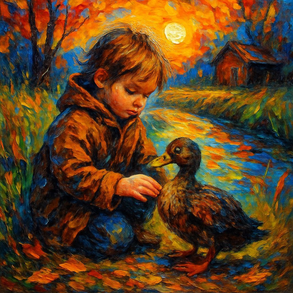 Impasto Painting of Tender Moment Between Child and Rescued ...