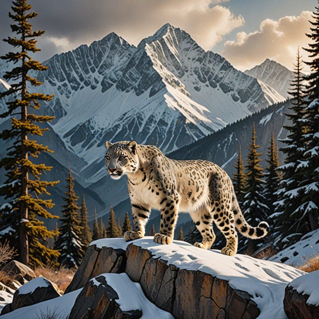 Snow Leopard Leaps Across Central Asian Mountains