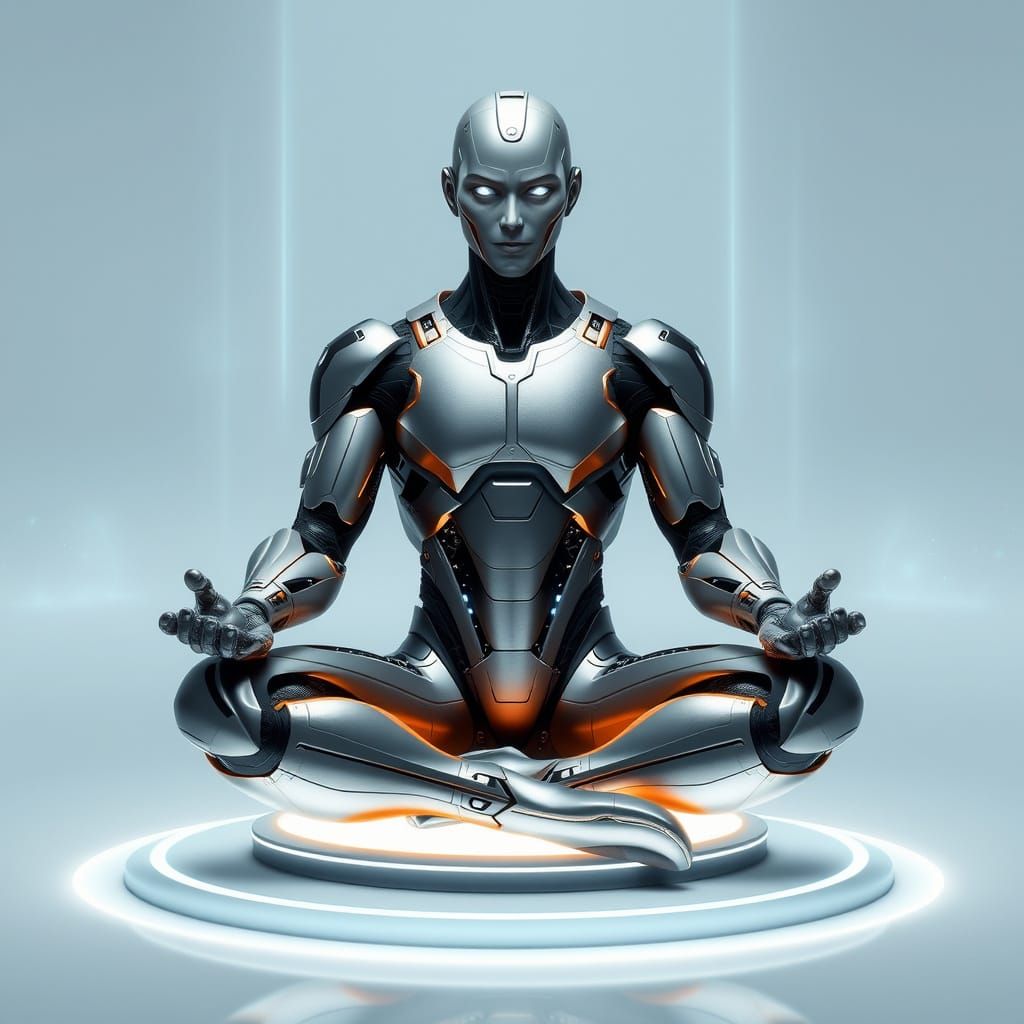 Meditating AI Character in Futuristic Digital Environment