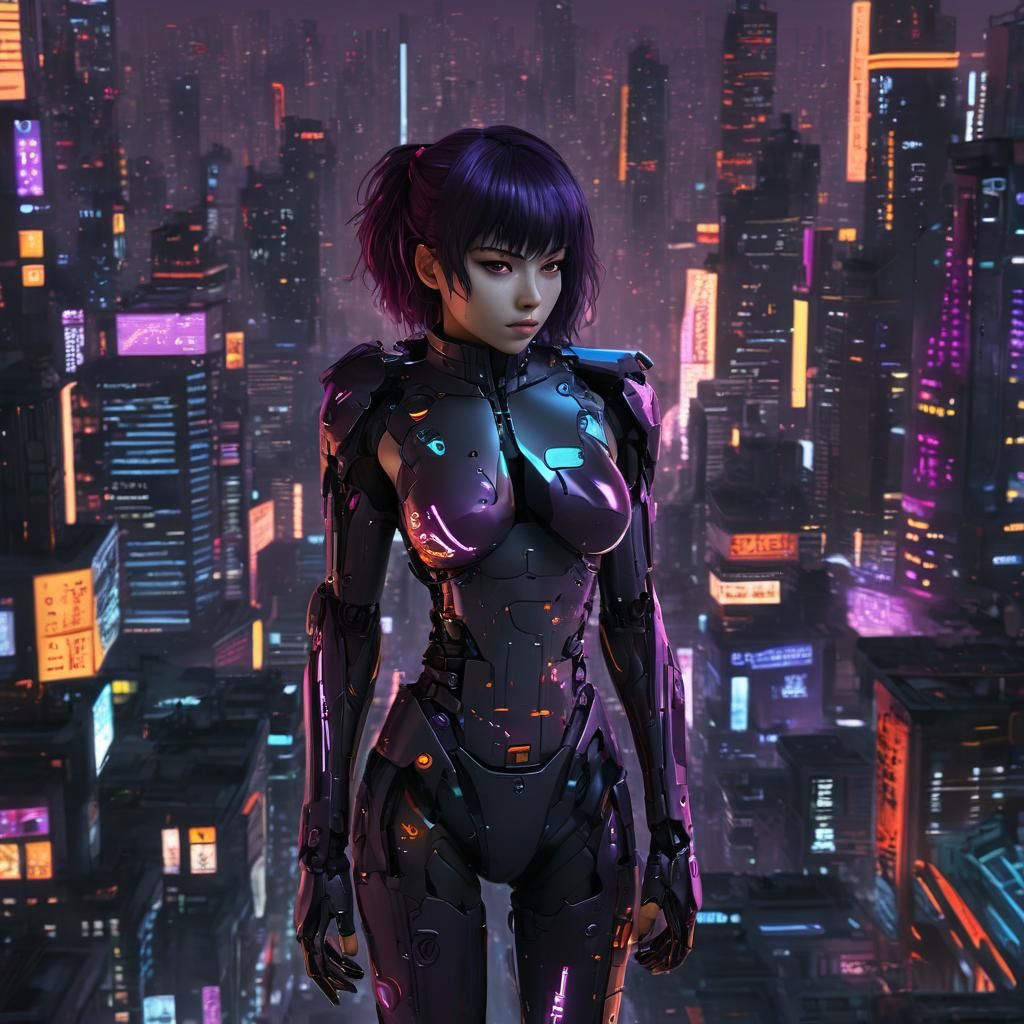 Cyberpunk Anime Goddess: Kusanagi Motoko Shines in Neon City