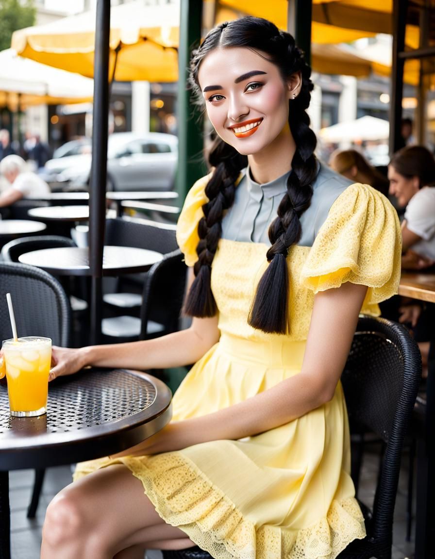Girl in Yellow Dress at Cafe Table