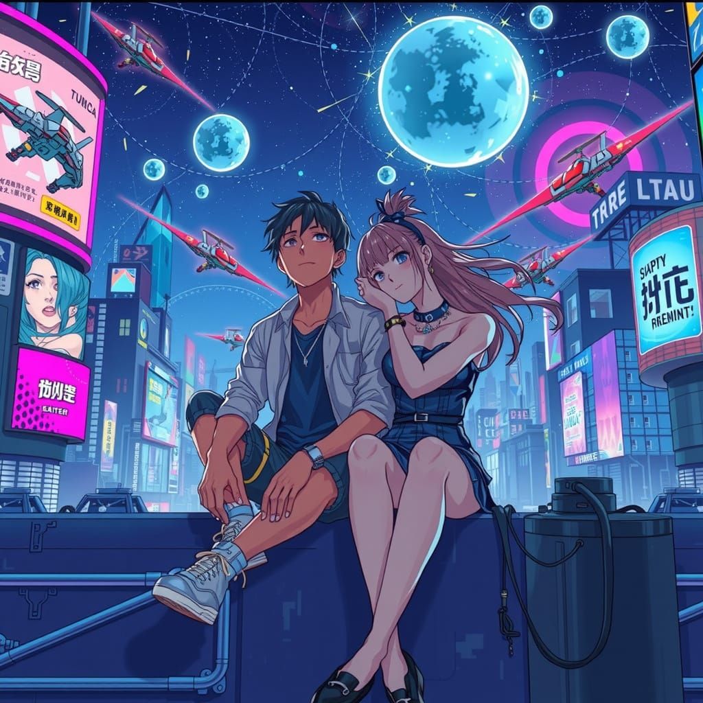 Cyberpunk Anime Couple Gaze at the Starry Night Sky