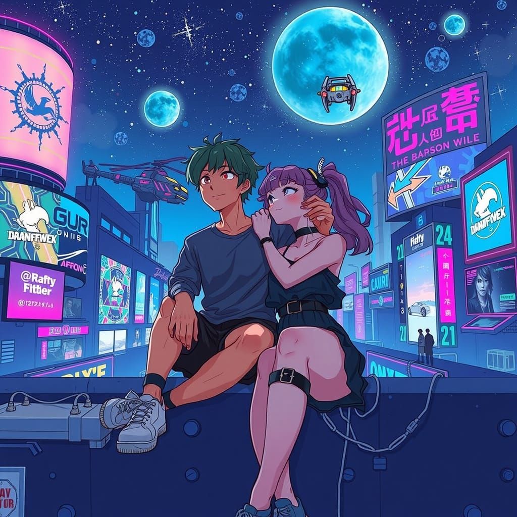 Cyberpunk Anime Dragon Couple Gaze at Neon City Skies