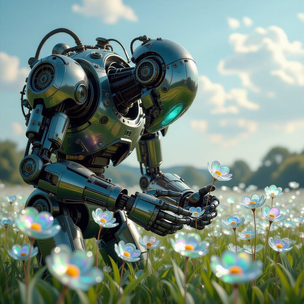 Steampunk Robot Tending Glass Flowers in Matte Painting