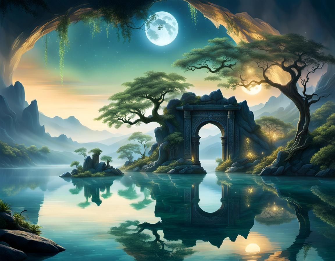 Mystical Portal to Moonlit Enchanted Landscape