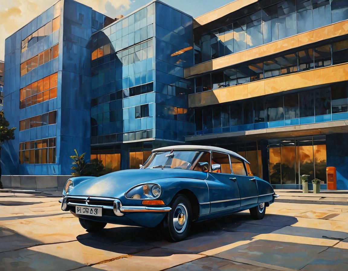 Citroën DS and Bauhaus Building as Acrylic Painting