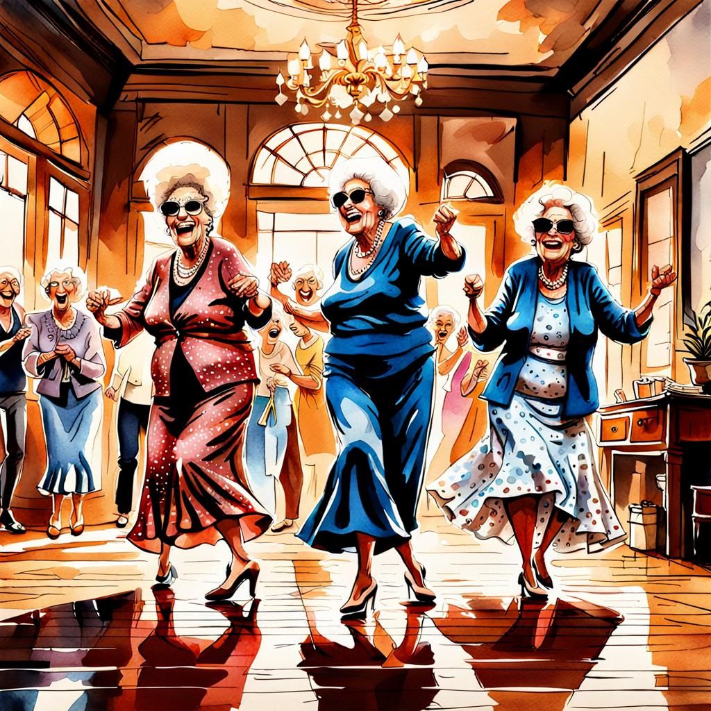 Whimsical Watercolor: Old Ladies Dancing at Christmas