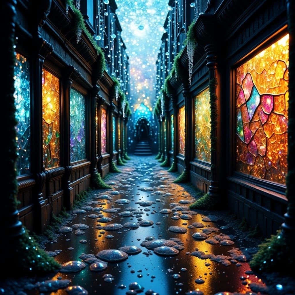 Rain-Soaked Alley with Fractured Stained Glass Light