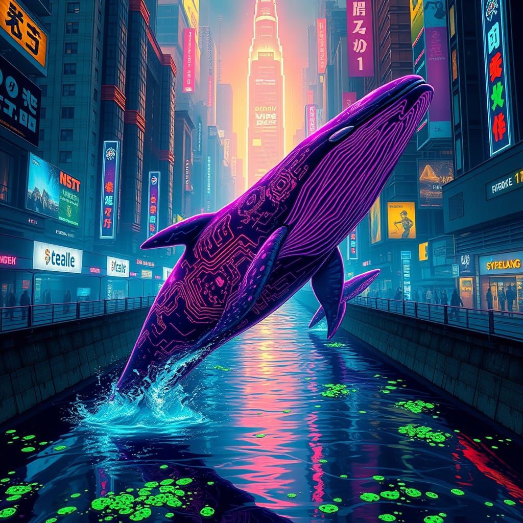 Cyberpunk Whale Breach in Neon City