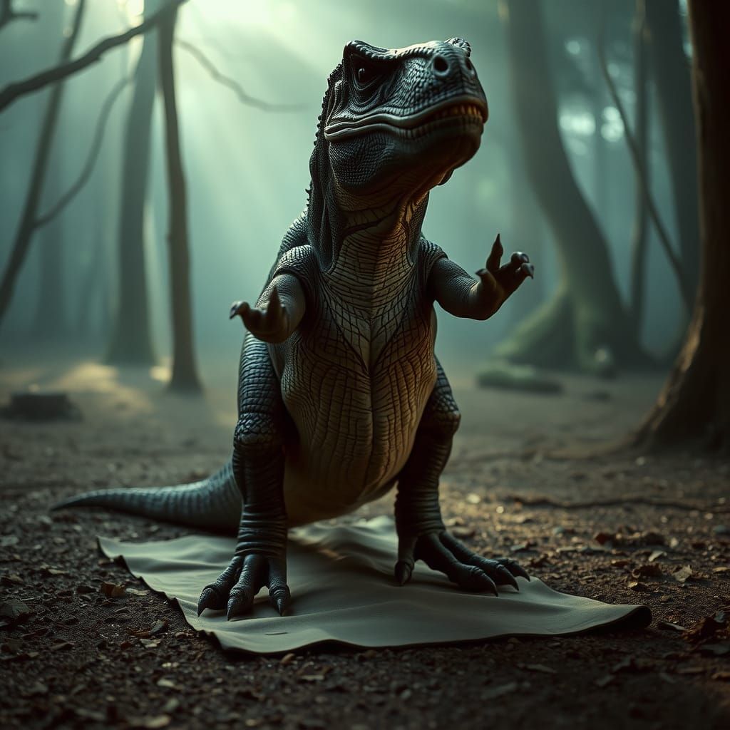Frustrated T-Rex Struggles with Yoga in Misty Forest