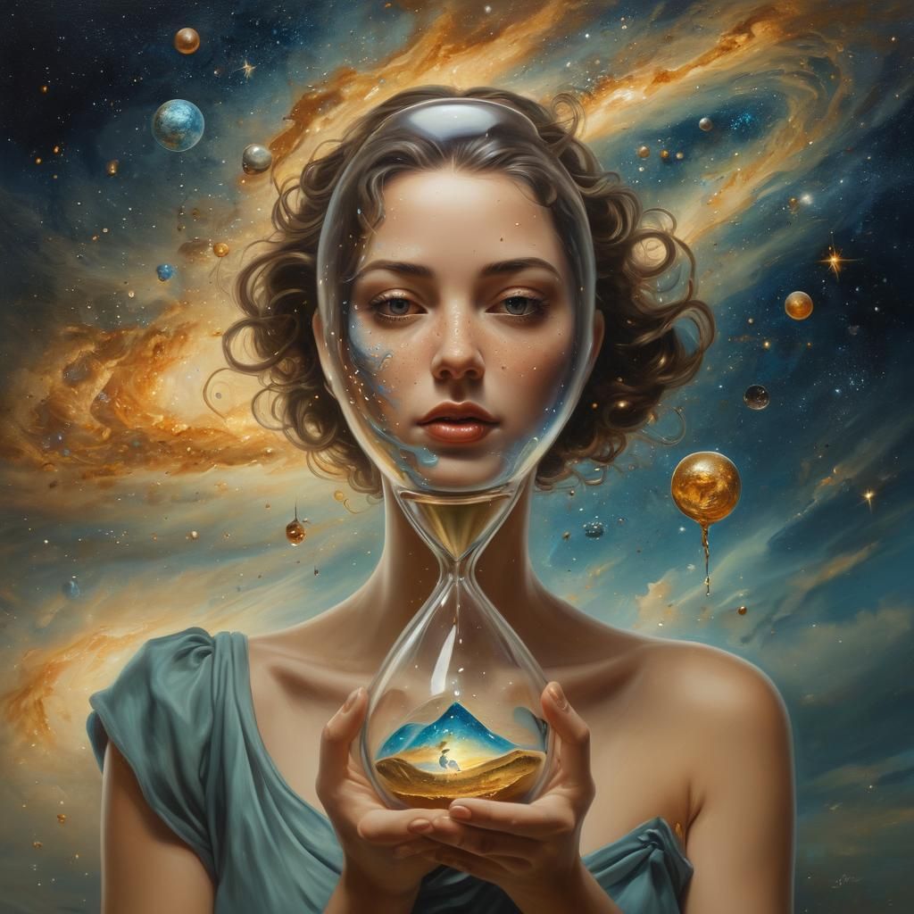 Galactic Hourglass: Surreal Portrait in Oil Paint