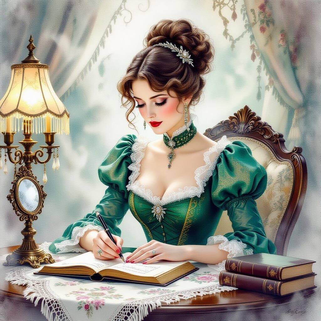 Victorian Woman Writes in Diary, Ethereal Watercolor Style