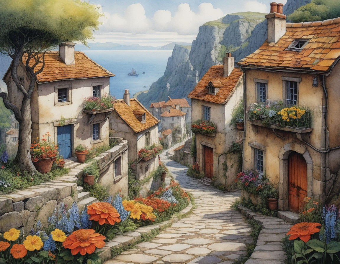 Whimsical Mountain Village Scene in Vibrant Watercolour Styl...
