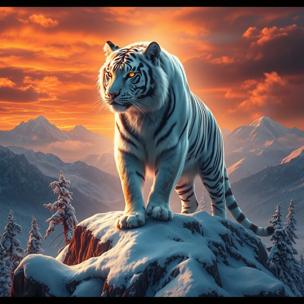 Majestic Snow and Fire Tiger Amidst Enchanted Mountains