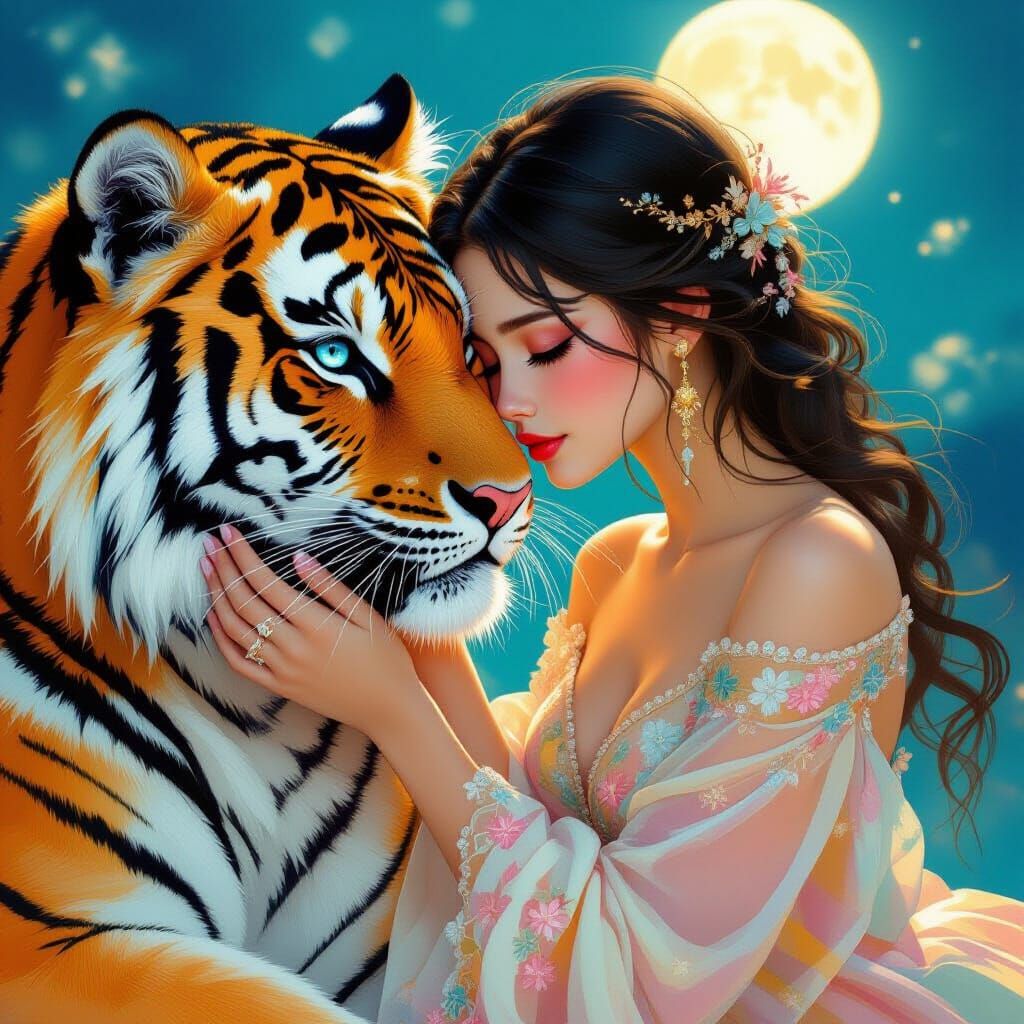 Girl and Tiger Embrace Under Moonlight, Dreamy Digital Art