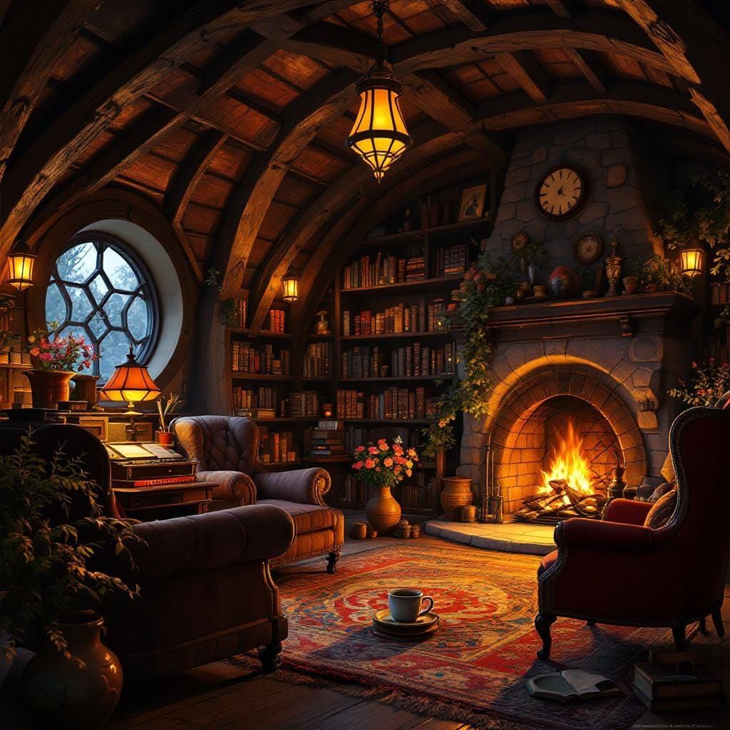 Cozy Hobbit House Library in Matte Painting Style