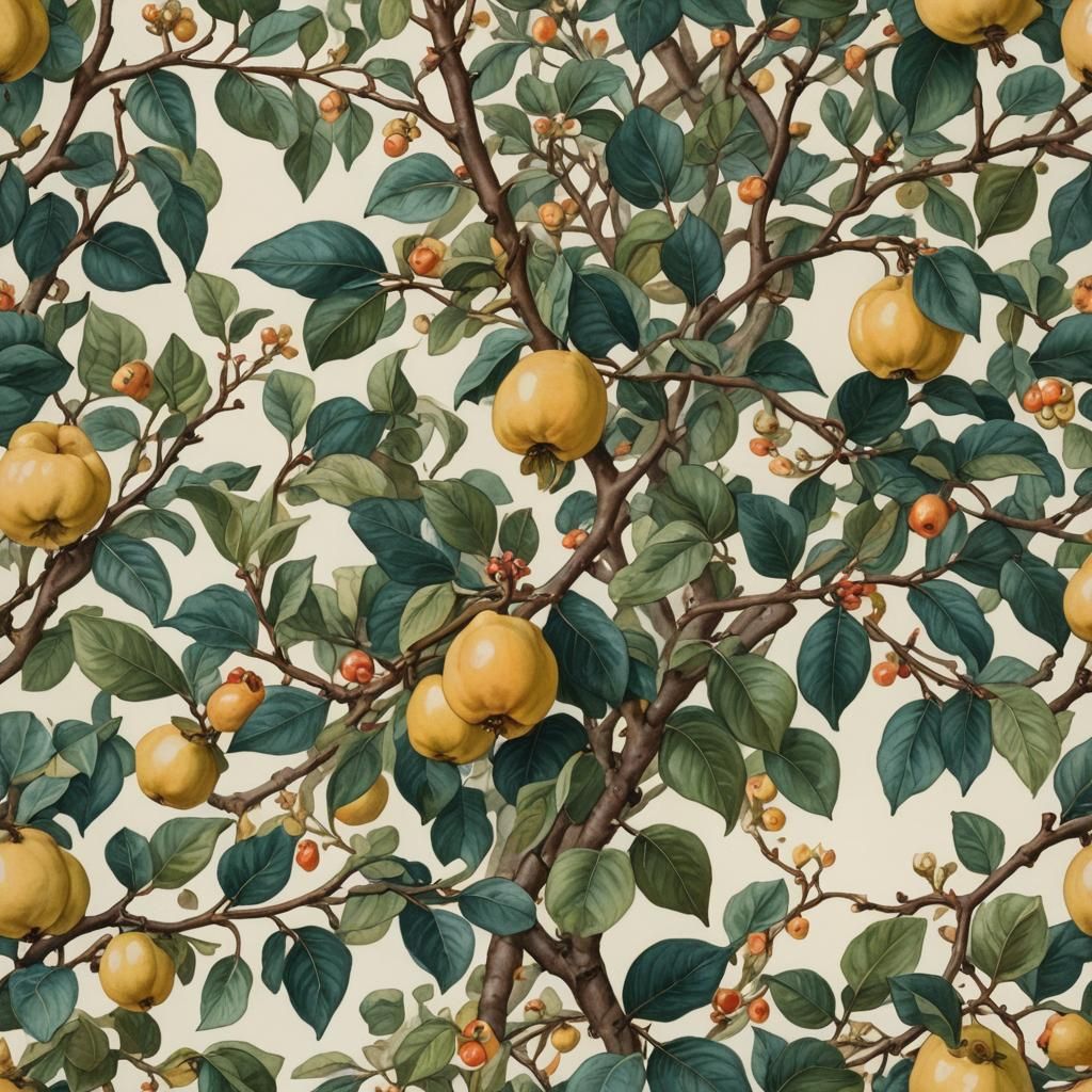 Botanical Quince Gouache in Art Nouveau Style